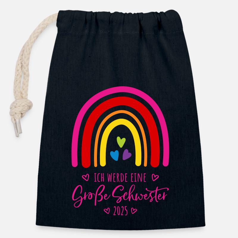 Ich werde eine große Schwester 2025 Regenbogen - Verschließbarer Geschenkbeutel aus Baumwolle (14x20cm) - Navy