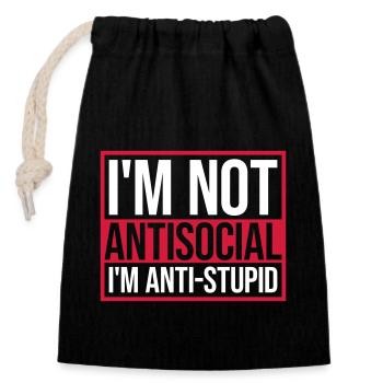not antisocial anti stupid - Closable cotton gift bag (14x20cm) - black - Front