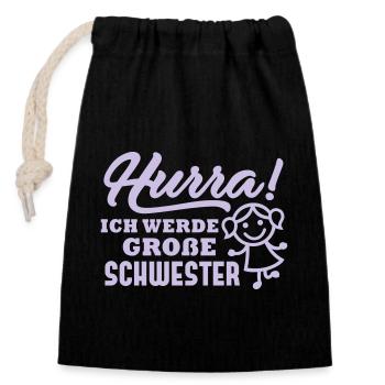 Hurra, ich werde Schwester (Schriftzug) - Verschließbarer Geschenkbeutel aus Baumwolle (14x20cm) - Schwarz - Vorne