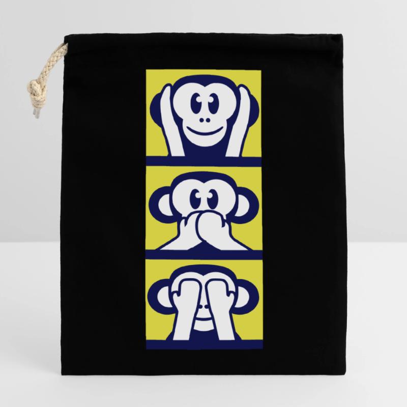 3 singes sages n’entendent rien dire voir s’amuser avec les singes Sac cadeau en coton avec cordon (14 x 20 cm)