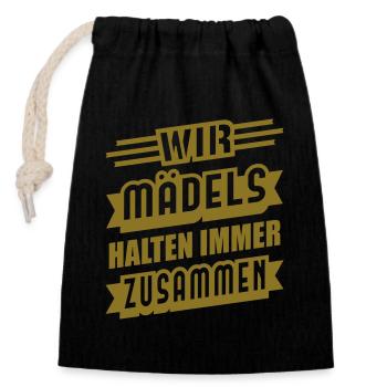 Mädels halten zusammen (Schriftzug) - Verschließbarer Geschenkbeutel aus Baumwolle (14x20cm) - Schwarz - Vorne