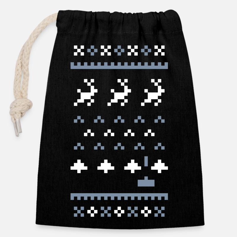 Pull de Noël laid 8 bits : Envahisseurs de Noël - Sac cadeau en coton avec cordon (14 x 20 cm) - noir