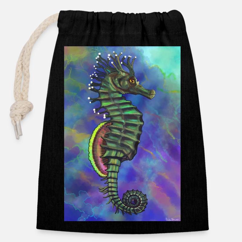 hippocampe - Sac cadeau en coton avec cordon (14 x 20 cm) - noir