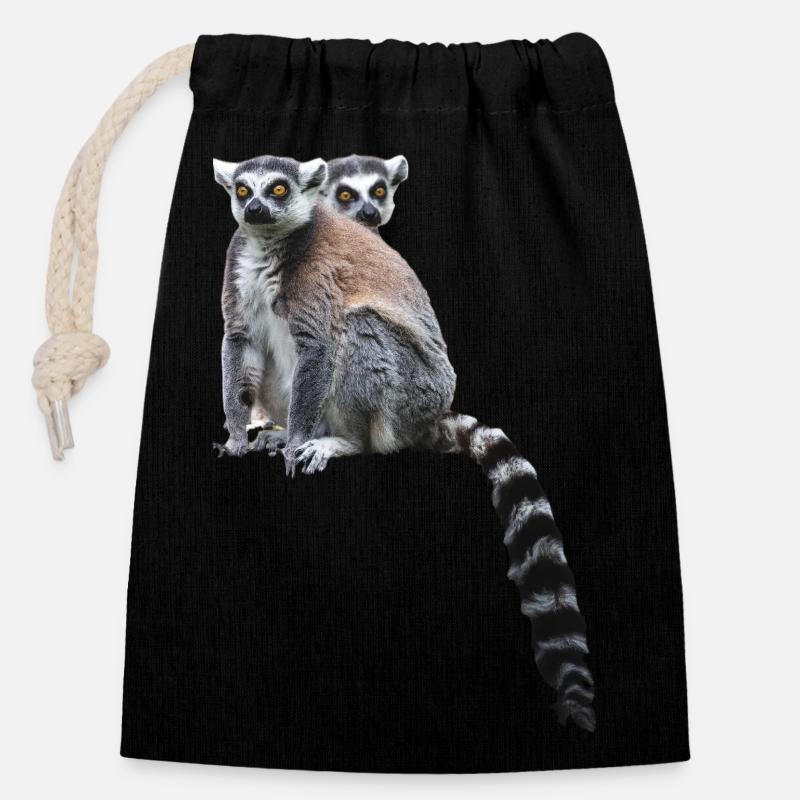 Lémuriens Madagascar - Sac cadeau en coton avec cordon (14 x 20 cm) - noir