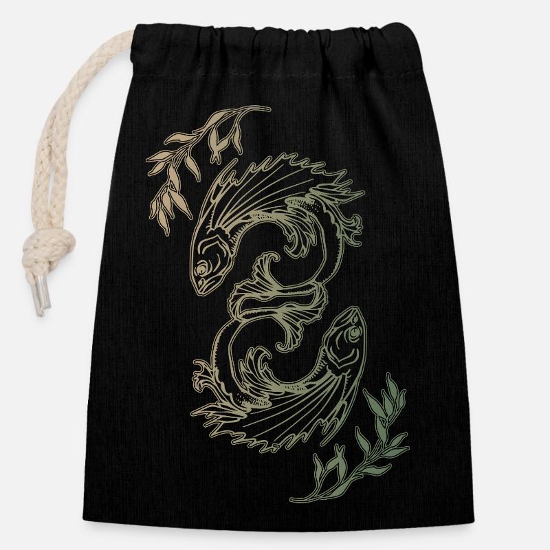 Signe zodiaque poisson - Sac cadeau en coton avec cordon (14 x 20 cm) - noir