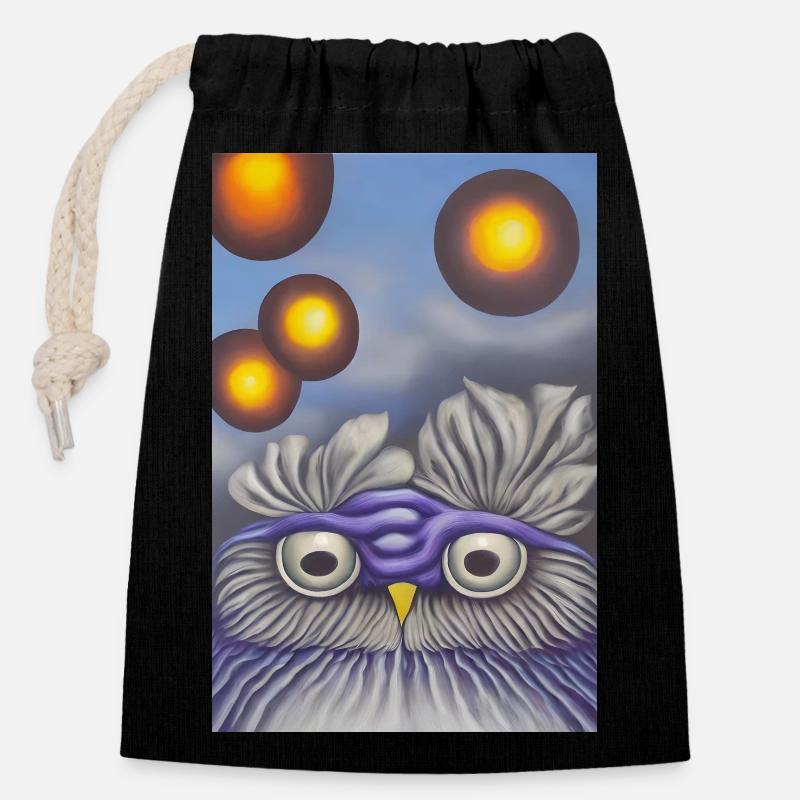Hibou avec lune - Sac cadeau en coton avec cordon (14 x 20 cm) - noir
