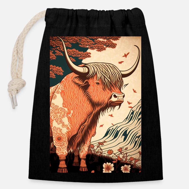 Scottish Highland cattle ukiyo - Closable cotton gift bag (14x20cm) - black
