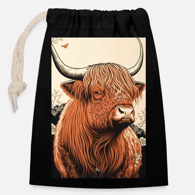 Ukiyo bovins des Highlands - Sac cadeau en coton avec cordon (14 x 20 cm) - noir