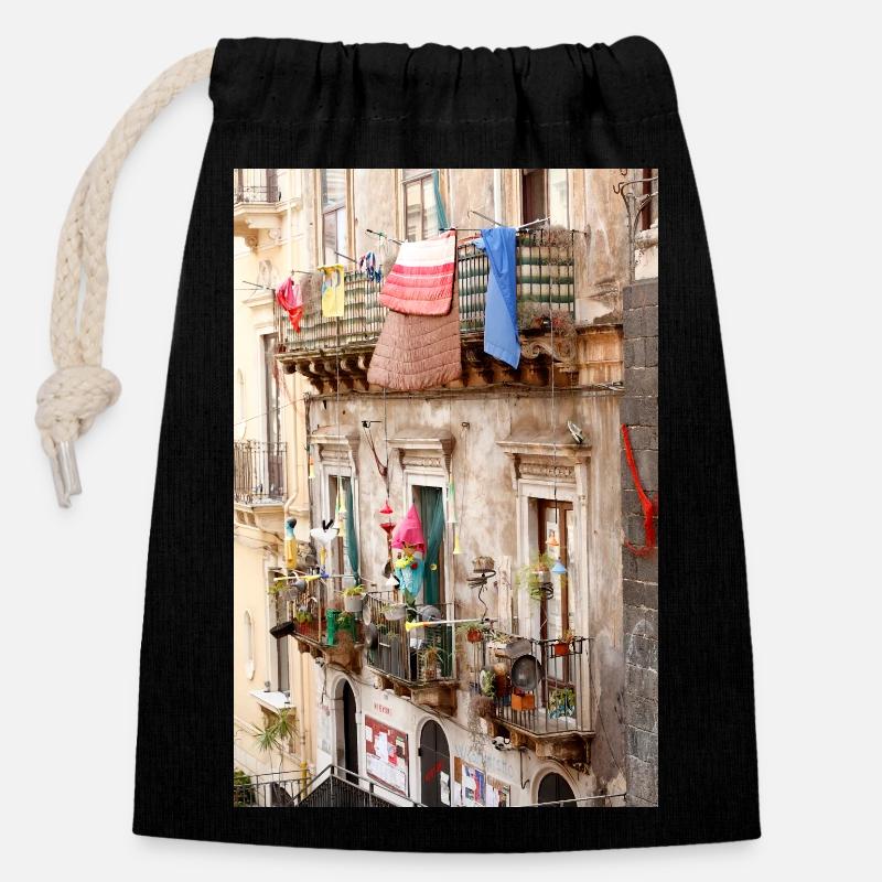 Catane; Sicile - Sac cadeau en coton avec cordon (14 x 20 cm) - noir