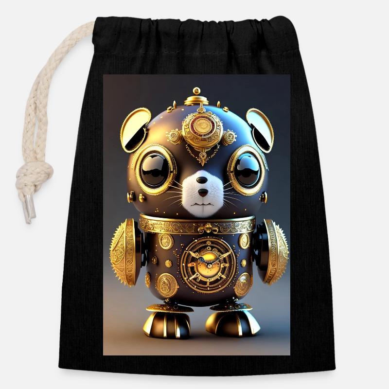 Mouvement mignon Bébé Chinchilla Android - Sac cadeau en coton avec cordon (14 x 20 cm) - noir