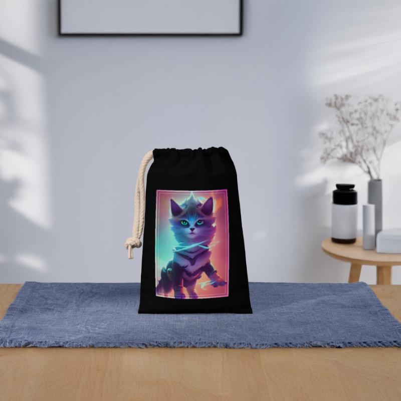 Chat de l’espace mignon voyageant dans l’espace Sac cadeau en coton avec cordon (14 x 20 cm)