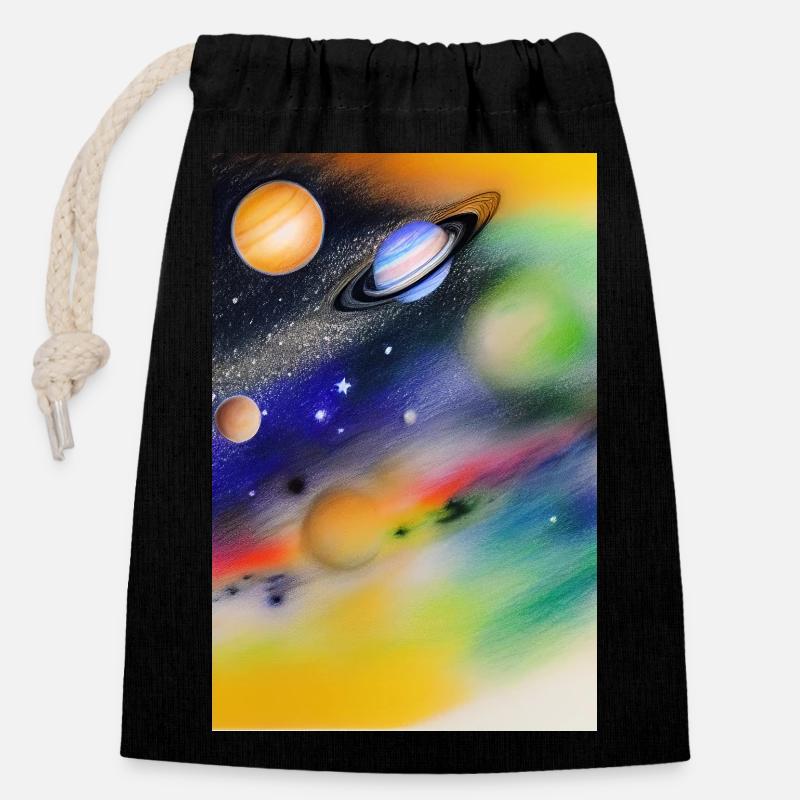 Espace et planètes - Sac cadeau en coton avec cordon (14 x 20 cm) - noir