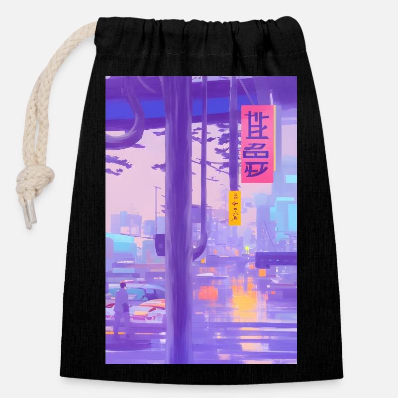Paysage de Tokyo - Sac cadeau en coton avec cordon (14 x 20 cm) - noir