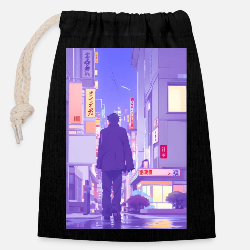 Paysage de Tokyo - Sac cadeau en coton avec cordon (14 x 20 cm) - noir