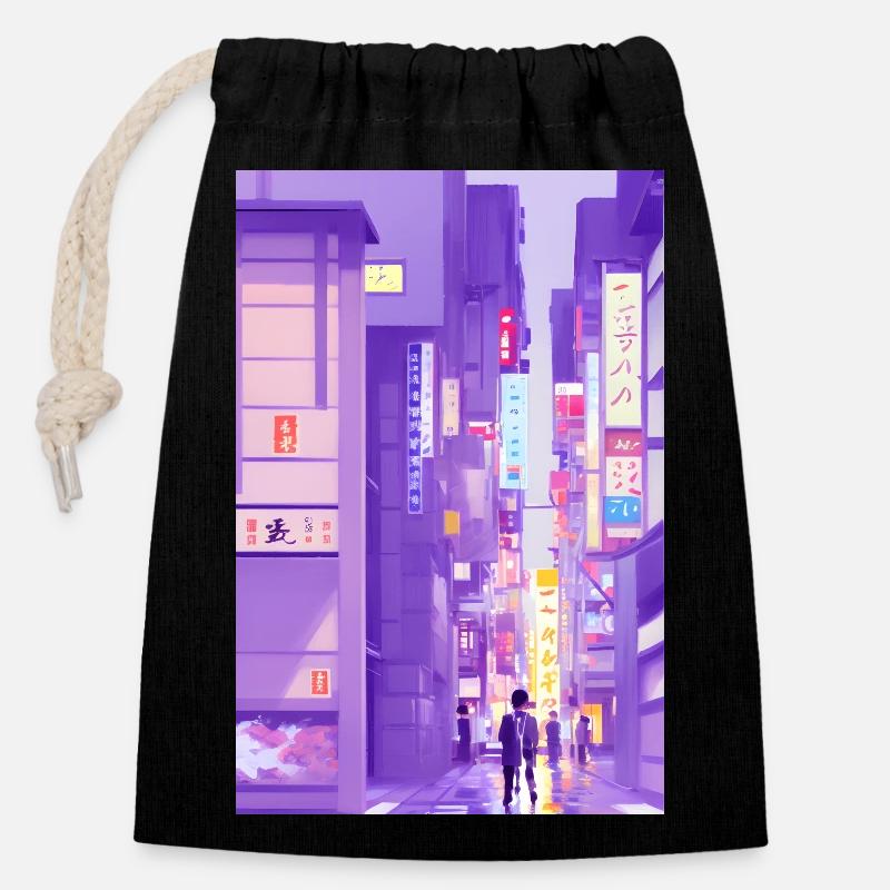 Paysage de Tokyo - Sac cadeau en coton avec cordon (14 x 20 cm) - noir