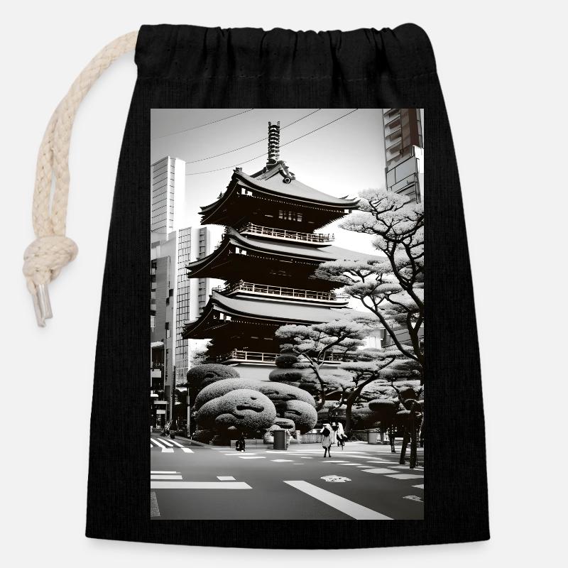 Paysage de Tokyo - Sac cadeau en coton avec cordon (14 x 20 cm) - noir