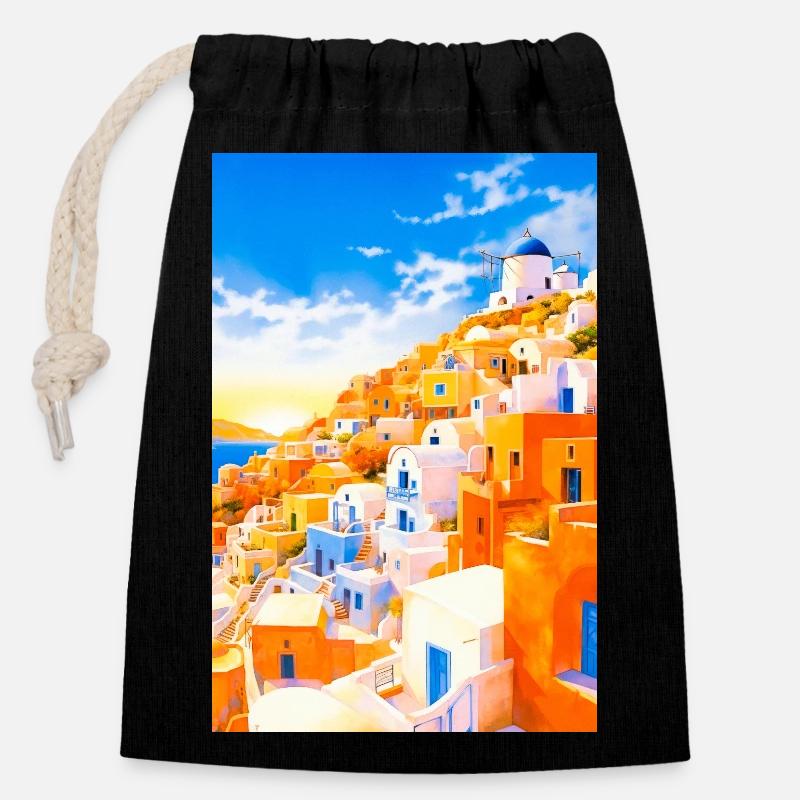 Affiche vintage de Santorin - Sac cadeau en coton avec cordon (14 x 20 cm) - noir