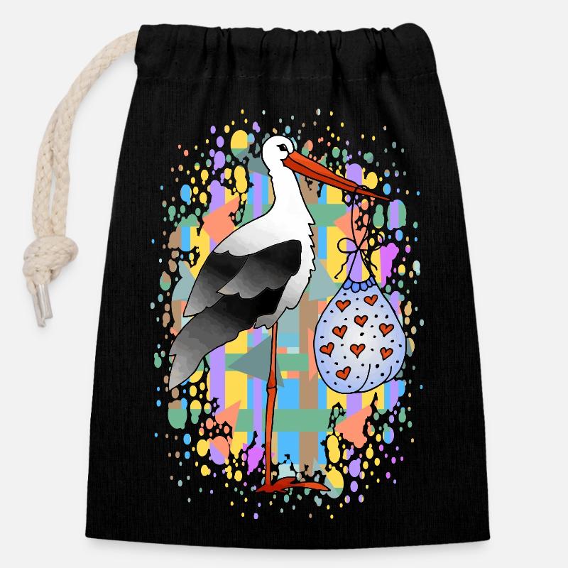 Cigogne - Sac cadeau en coton avec cordon (14 x 20 cm) - noir