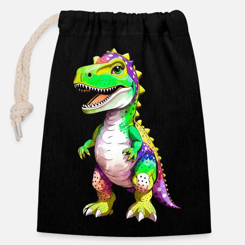 Rainbow T-Rex Dinosaur - Closable cotton gift bag (14x20cm) - black