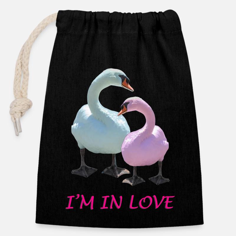 Swan Love - Closable cotton gift bag (14x20cm) - black
