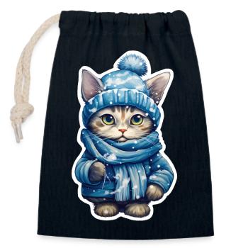 Chat avec chapeau, écharpe et veste - Sac cadeau en coton avec cordon (14 x 20 cm) - bleu marine - Devant