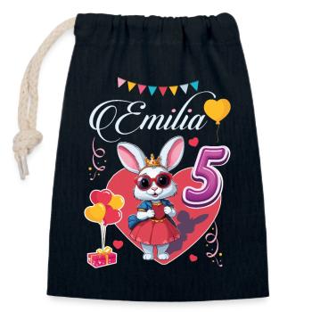 Anniversaire de sa fille, petite-fille - 5 ans - EMILIA - Sac cadeau en coton avec cordon (14 x 20 cm) - bleu marine - Devant