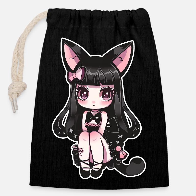 Neko chan kawaii - Verschließbarer Geschenkbeutel aus Baumwolle (14x20cm) - Schwarz