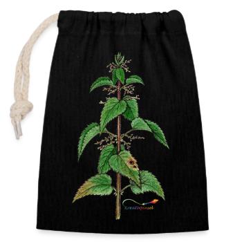 Brennnessel (Urtica dioica) - Verschließbarer Geschenkbeutel aus Baumwolle (14x20cm) - Schwarz - Vorne