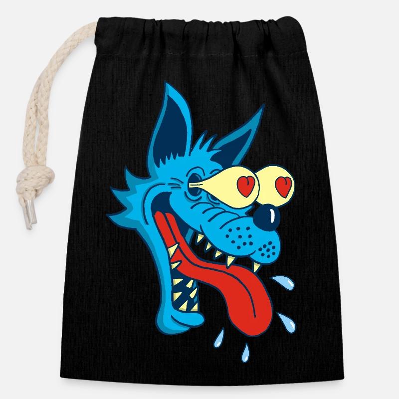 Cartoon Wolf in Love - Closable cotton gift bag (14x20cm) - black