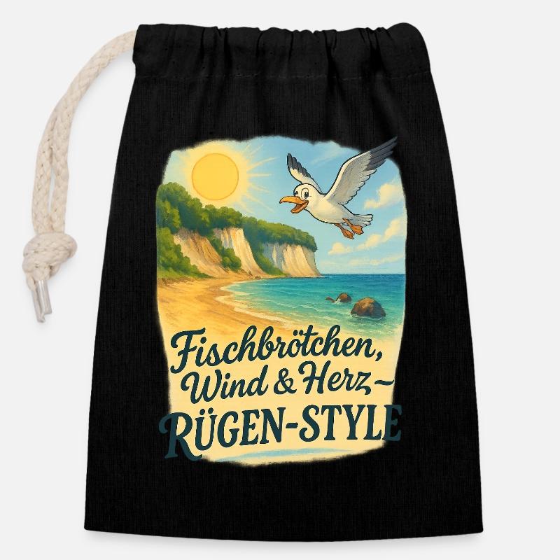 Fischbrötchen, Wind & Herz – Rügen-Style - Verschließbarer Geschenkbeutel aus Baumwolle (14x20cm) - Schwarz