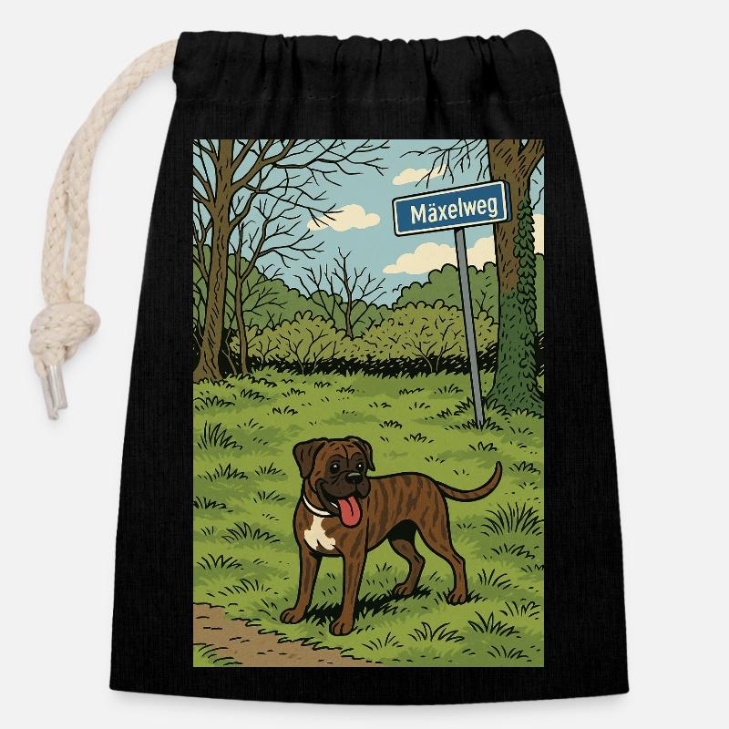 Mäxelweg – L’amour des boxers à la campagne - Sac cadeau en coton avec cordon (14 x 20 cm) - noir