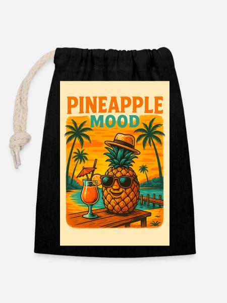Pineapple Mood (Retro Vibes Edition) - Verschließbarer Geschenkbeutel aus Baumwolle (14x20cm) - Schwarz