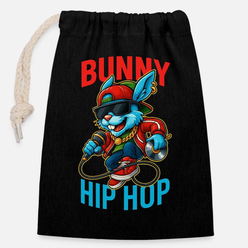 Cool Hip Hop Bunny DJ Rap Style - Sac cadeau en coton avec cordon (14 x 20 cm) - noir