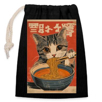 Le chat tigré adore les ramen - Sac cadeau en coton avec cordon (14 x 20 cm) - noir - Devant