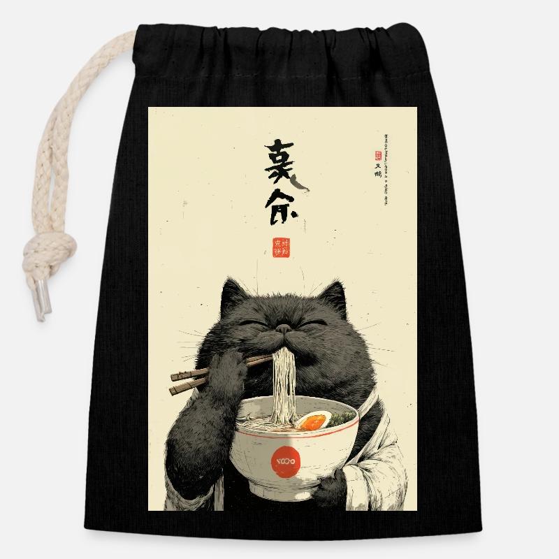 Glückliche Katze beim Essen von Ramen - Verschließbarer Geschenkbeutel aus Baumwolle (14x20cm) - Schwarz