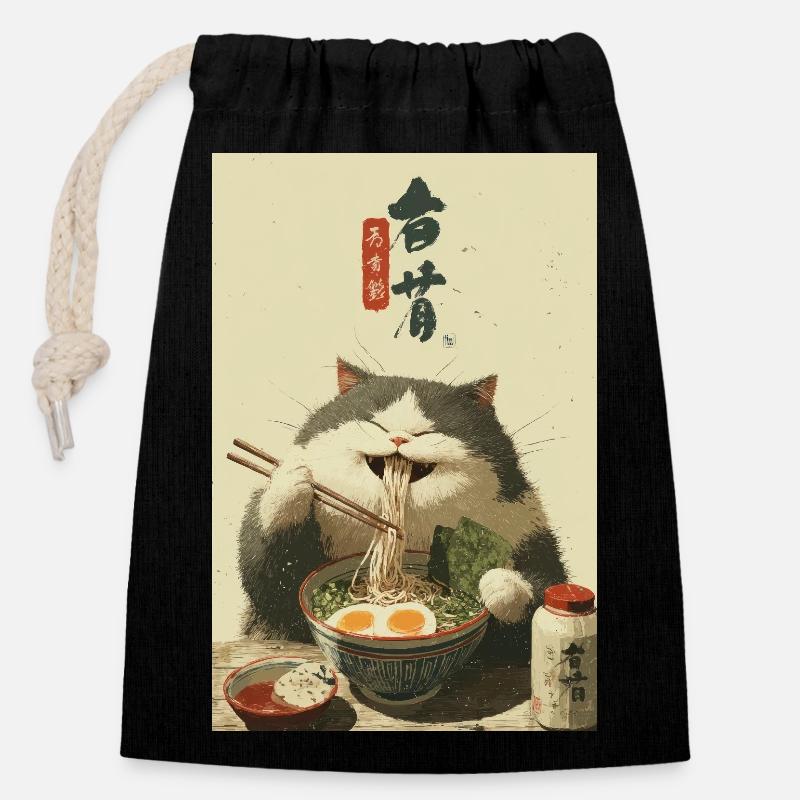 Glückliche Katze liebt Ramen - Verschließbarer Geschenkbeutel aus Baumwolle (14x20cm) - Schwarz