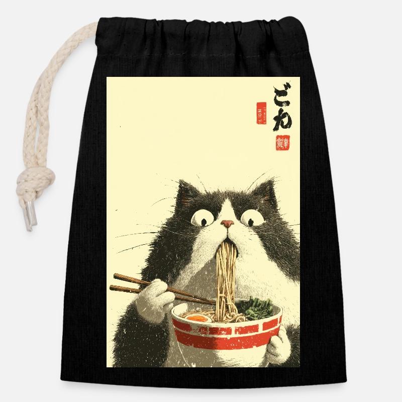 Überraschte Katze, die Ramen isst - Verschließbarer Geschenkbeutel aus Baumwolle (14x20cm) - Schwarz