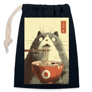 Chat choqué mangeant des ramen - Sac cadeau en coton avec cordon (14 x 20 cm) - bleu marine - Devant