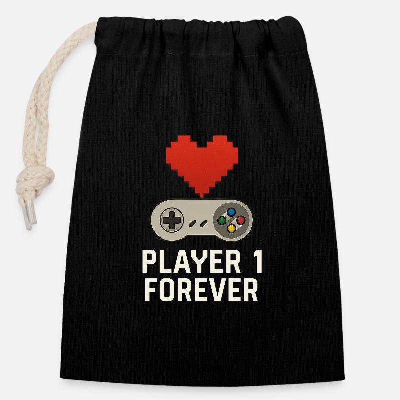 Conception de cœur de jeu rétro - Sac cadeau en coton avec cordon (14 x 20 cm) - noir