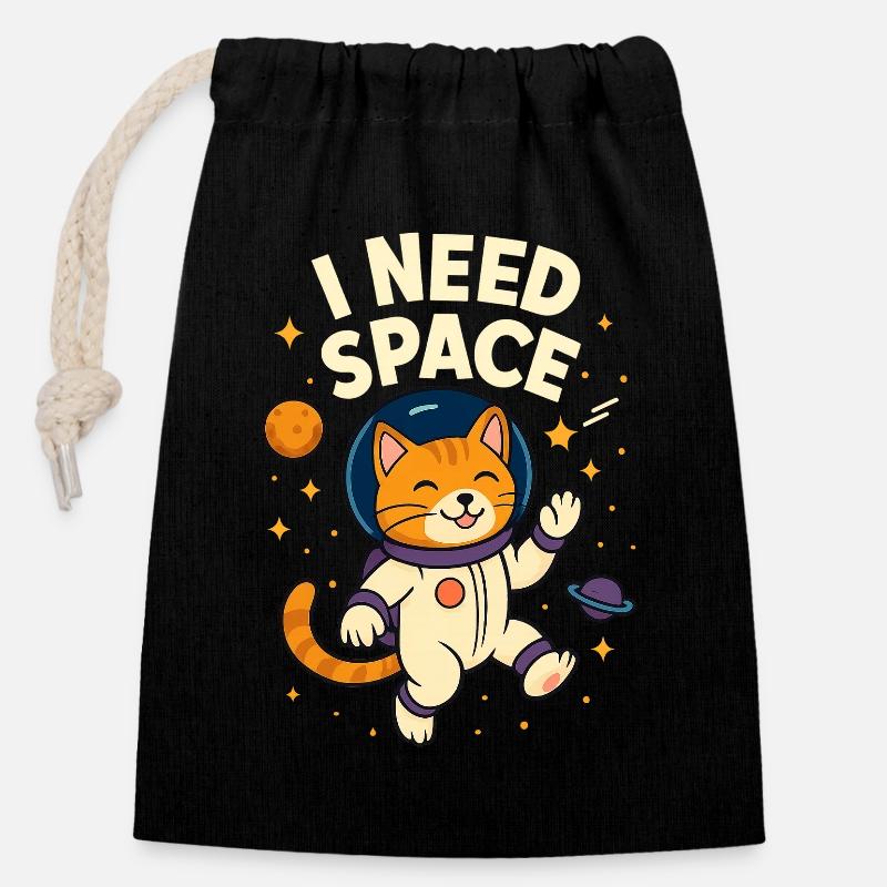 Cute Space Astronaut Cat - Closable cotton gift bag (14x20cm) - black