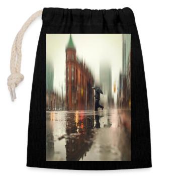 Entre pluie et réflexion – moment citadin - Sac cadeau en coton avec cordon (14 x 20 cm) - noir - Devant