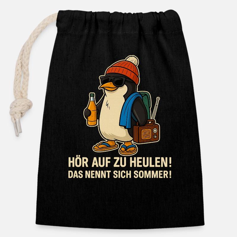 Pingouin d’été avec lunettes de soleil - Sac cadeau en coton avec cordon (14 x 20 cm) - noir