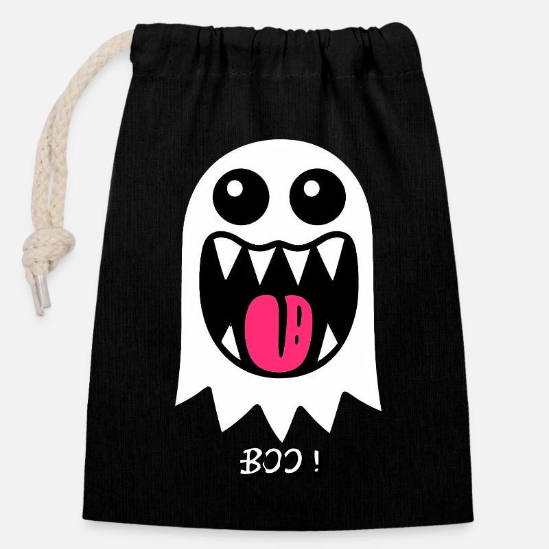 Fantôme Boo - Sac cadeau en coton avec cordon (14 x 20 cm) - noir