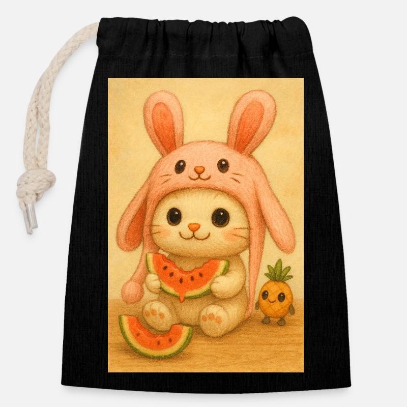 Lapin pastèque au chapeau rose - Sac cadeau en coton avec cordon (14 x 20 cm) - noir