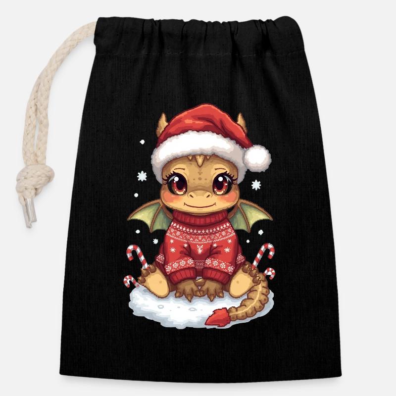 Kawaii Weihnachtsdrache im roten Pullover - Verschließbarer Geschenkbeutel aus Baumwolle (14x20cm) - Schwarz