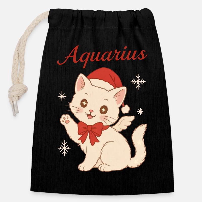 Aquarius Winterkatze - Verschließbarer Geschenkbeutel aus Baumwolle (14x20cm) - Schwarz