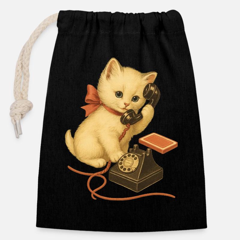Kätzchen am Telefon Retrolook - Verschließbarer Geschenkbeutel aus Baumwolle (14x20cm) - Schwarz