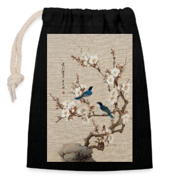 Blossom und Blue Birds Harmonie - Verschließbarer Geschenkbeutel aus Baumwolle (14x20cm) - Schwarz - Vorne