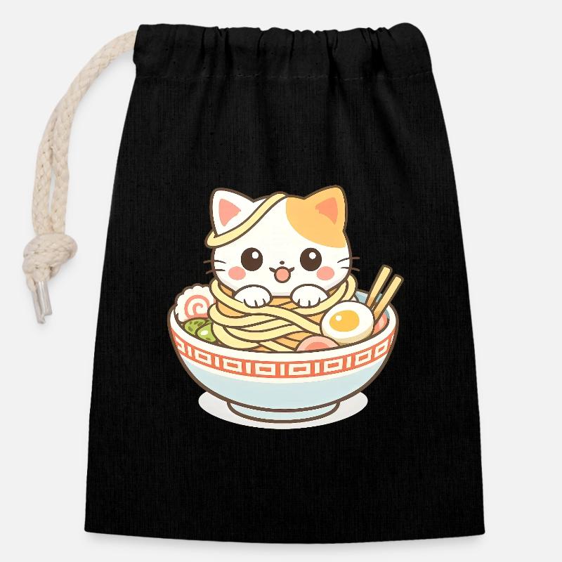 Kawaii Katze Ramen Nudeln Anime - Verschließbarer Geschenkbeutel aus Baumwolle (14x20cm) - Schwarz