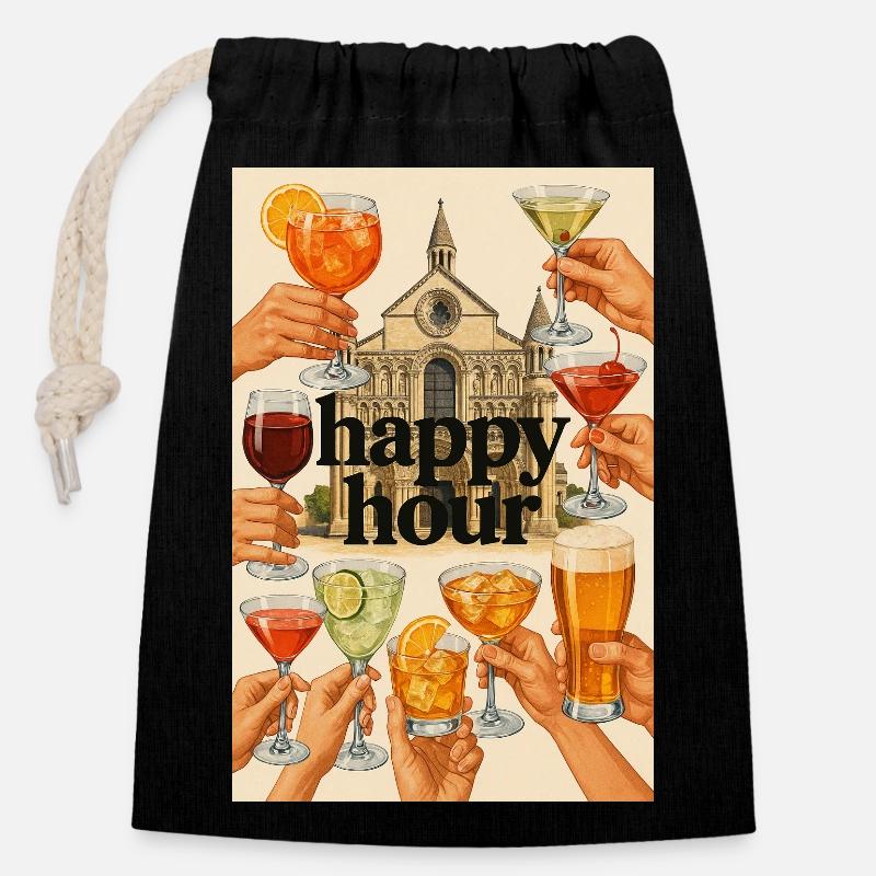 Happy_Hour_Collage - Sac cadeau en coton avec cordon (14 x 20 cm) - noir
